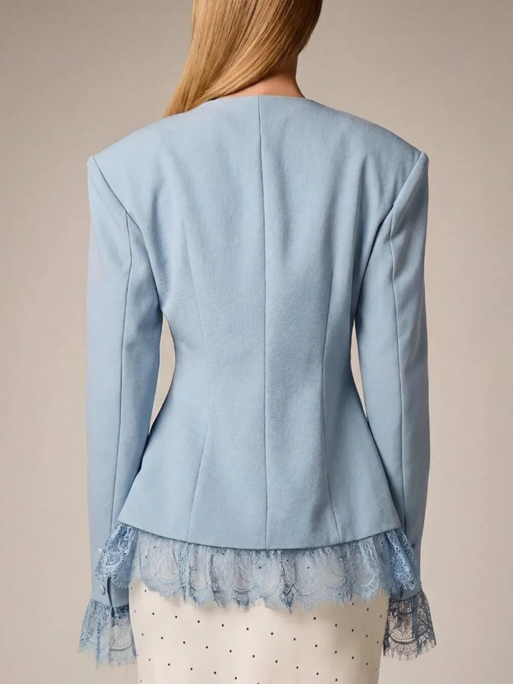 Blue Elegant Women's Lace Collarless Deep V-Neck Bell Sleeves Blazer